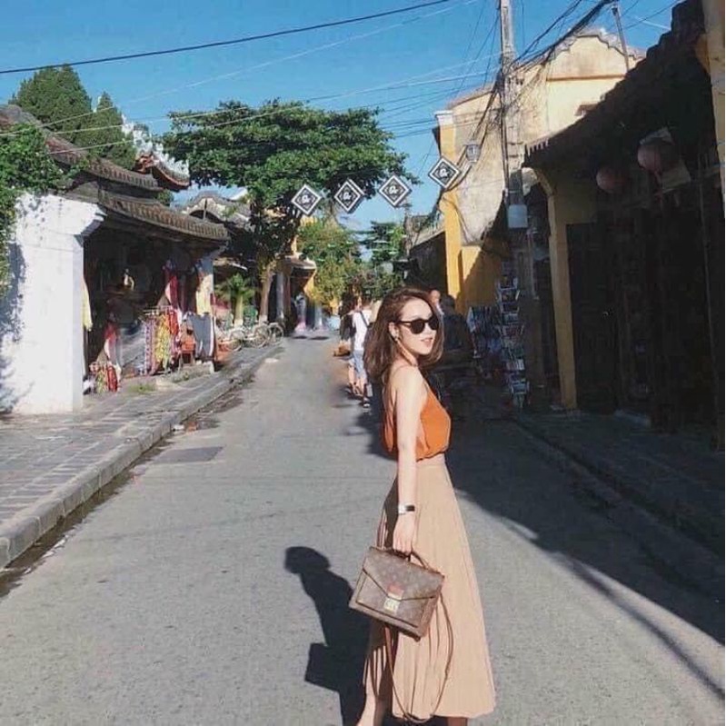 Chân váy midi Stradivarius xuất xịn vintage xô kate xếp ly màu nâu cát