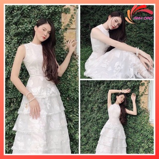 Váy trắng dự tiệc đầm maxi xoè công chúa xếp tầng dài chất ren hoa vải nhập cao cấp V00105 freesize Dyly Dress