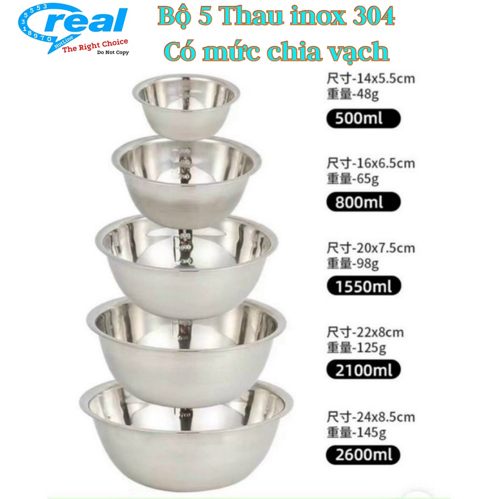 Bộ 5 Thau inox 304 Không Gỉ Chất Liệu Dày Dặn Kích Thước Từ 14-24cm, Bộ Thau Đựng Thực Phẩm, Rau Củ Quả Tiện Lợi
