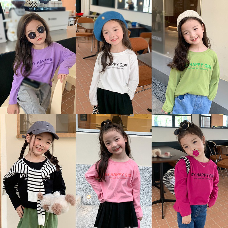 Áo Thun Tay Dài Cổ Tròn In Chữ Màu Sắc Tương Phản Phong Cách Hàn Quốc Thời Trang Xuân Thu Cho Bé Gái