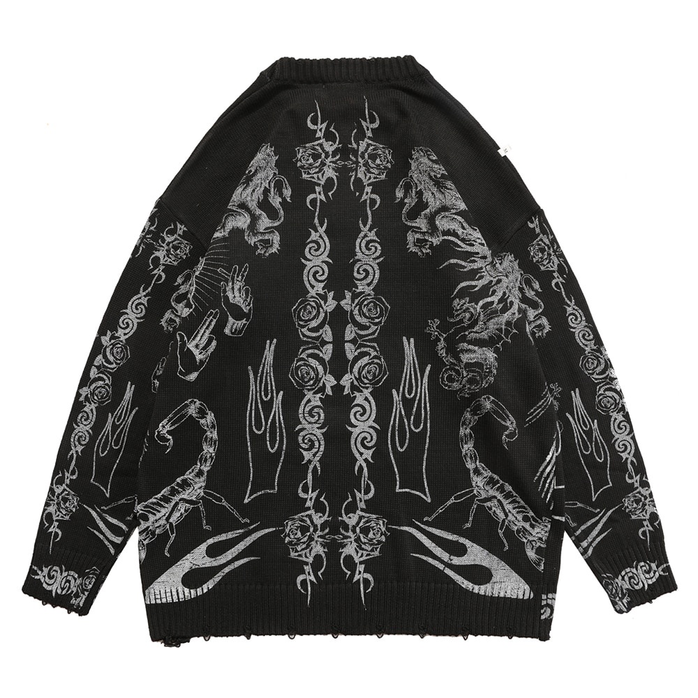 Áo len dài tay cổ tròn thời trang nam nữ Tatoo Printed Ripped Pullover Sweater Streetwear Clothing Red Black