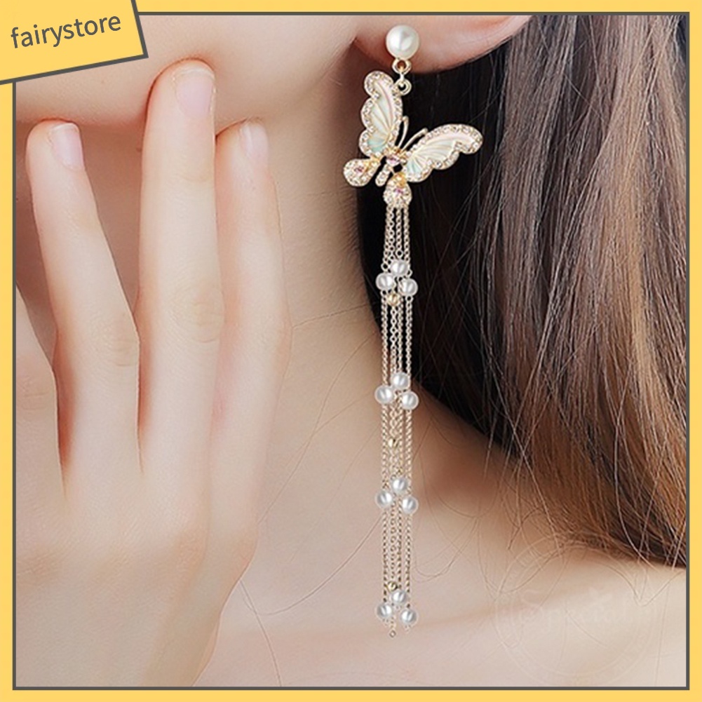 Bông Tai Dáng Dài Hình Bướm Đính Đá Lấp Lánh