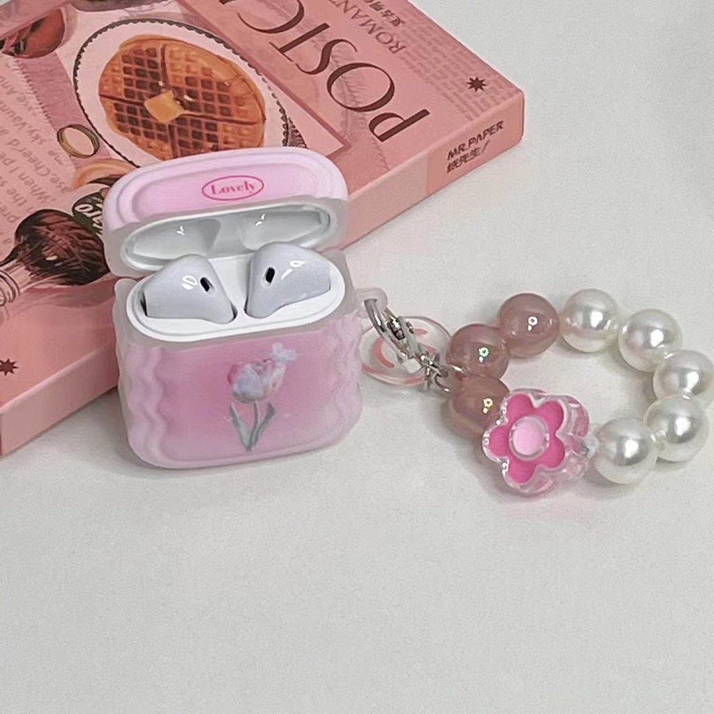 Vỏ Bảo Vệ Hộp Sạc Tai Nghe Bluetooth airpods 1 2 pro Bằng tpu Mềm Hình Hoa tulip Hồng Gắn Vòng Đeo Tay Dễ Thương Mới