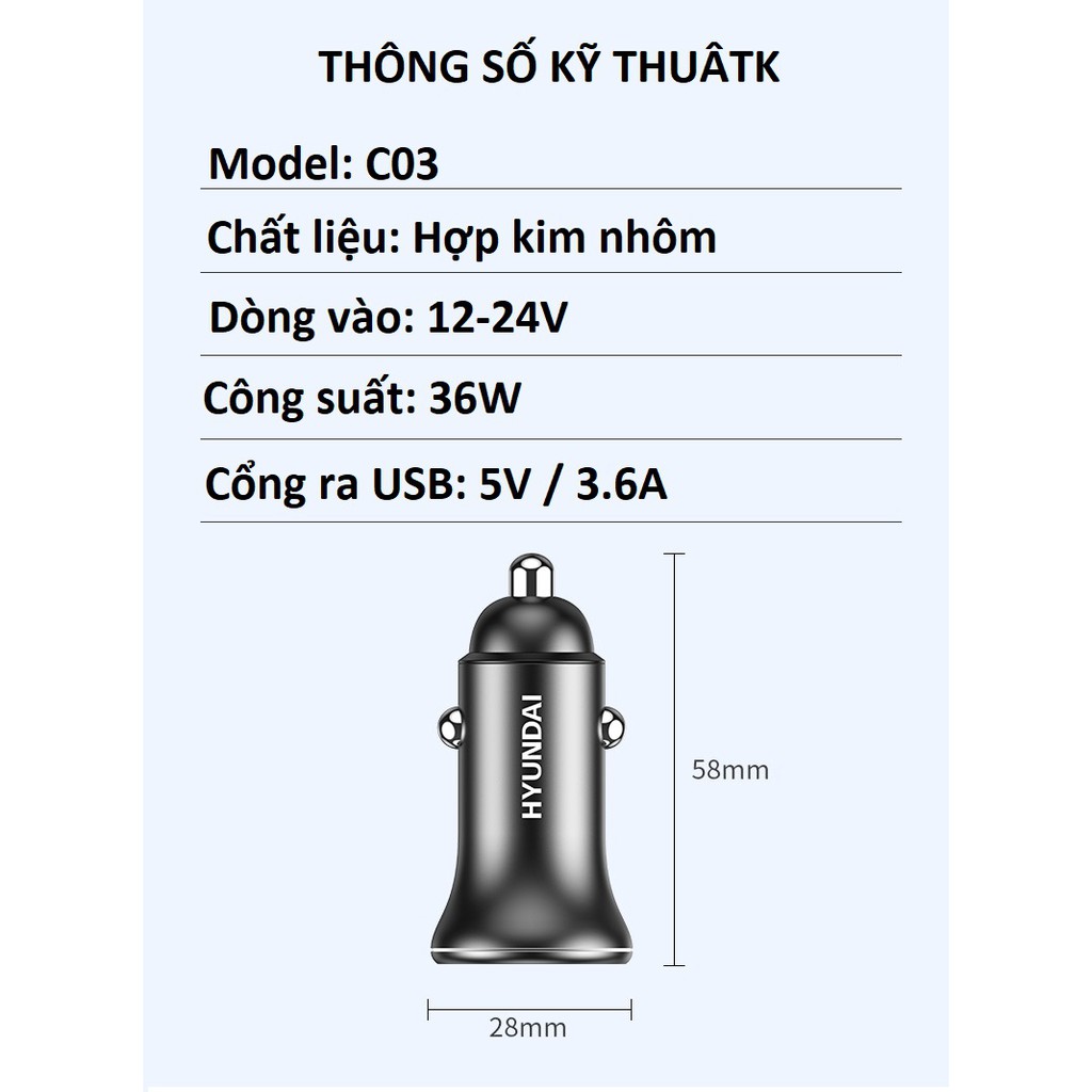 Tẩu sạc nhanh dùng chô ô tô hiệu HUYNDAI CO3 vỏ nhôm nguyên khối 2 cổng USB 3.6A điện áp 12-24V