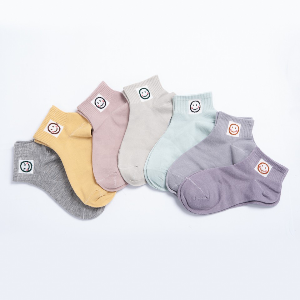 Vớ Nữ Cổ Ngắn Hàn Quốc MINSU M1232 Thêu Hình Mặt Cười Cute, Chất Cotton Thoáng Mát Thấm Hút Mồ Hôi