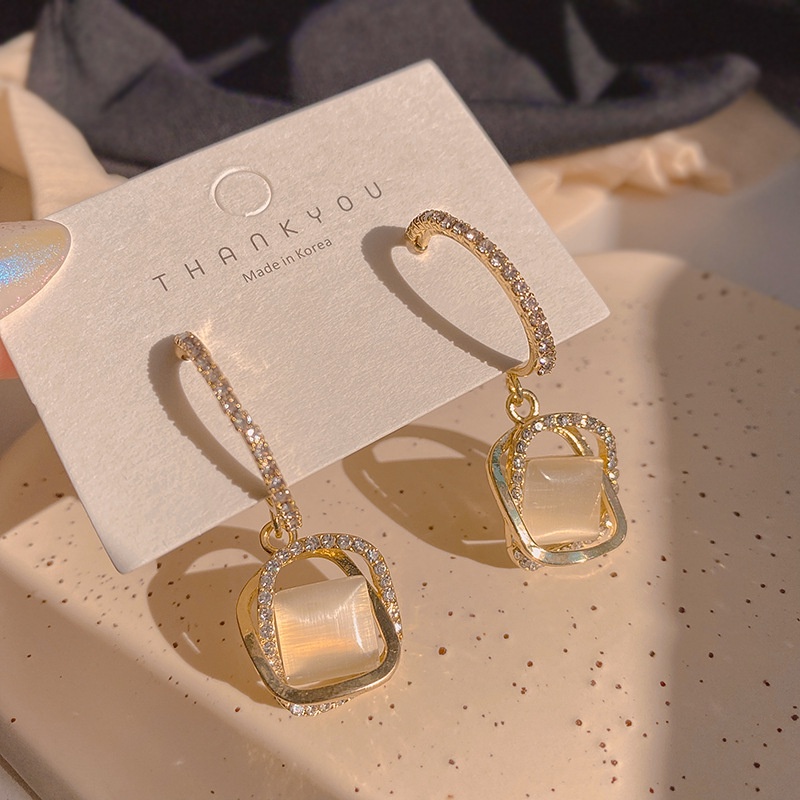 Khuyên Tai Đính Đá Opal Cao Cấp Phong Cách Hàn Quốc Sang Trọng Thời Trang