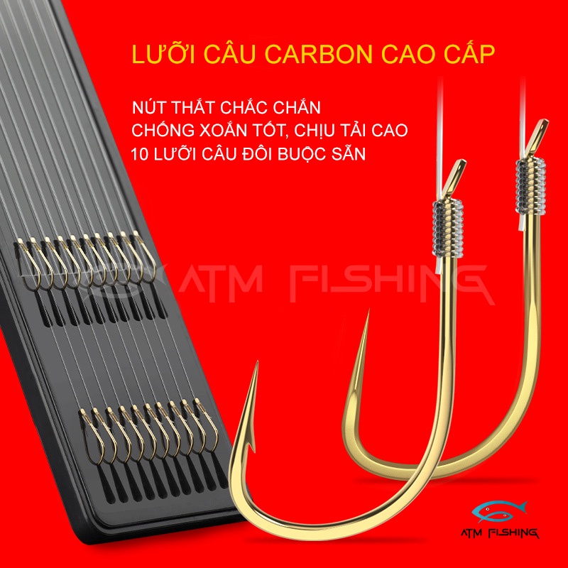 Thẻo Câu Cá Đôi Buộc Sẵn Chuyên Dùng Cho Câu Đài, Lưỡi Câu Carbon Cao Cấp