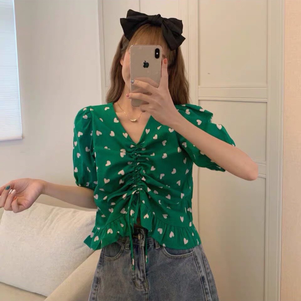Áo kiểu bánh bèo FM Style blouse hàn quốc đẹp hoạt tiết trái tim rút dây tay ngắn cổ tròn siêu xinh 210928032