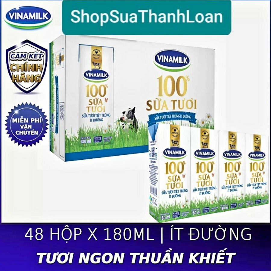 [HSD T10-2022] Thùng 48 Hộp Sữa Tươi Tiệt Trùng Vinamilk 100% Ít Đường 180ml