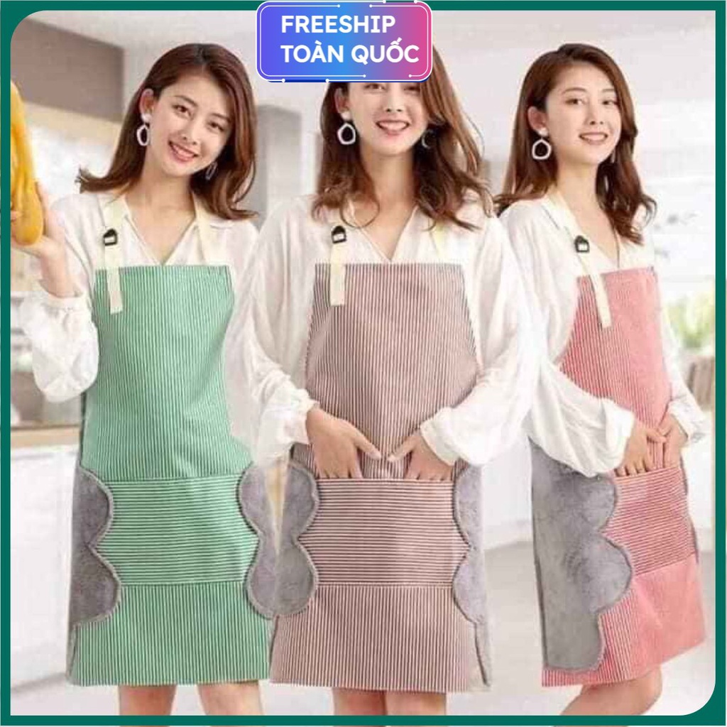 Tạp dề kẻ hoa có khăn lau tay bên hông, tạp dề chống thấm nước