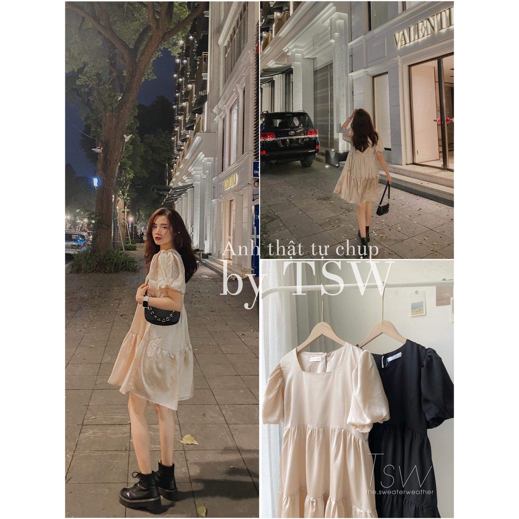 Váy babydoll lụa xoè tay bồng (Ảnh thật)