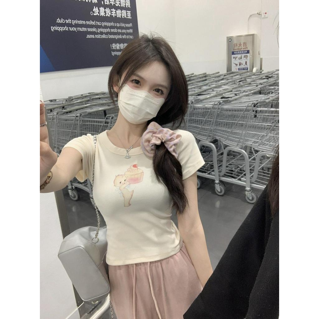 Áo Thun Cotton Ngắn Tay Dáng Ôm In Hình Dễ Thương Thời Trang Mùa Hè 62163