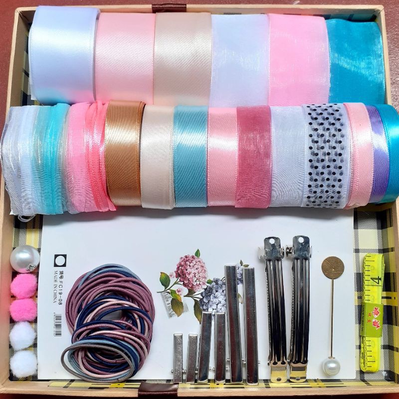 Set nguyên liệu ruy băng làm handmade:ghim cài áo, kẹp tóc, cột tóc, cặp tóc🍒