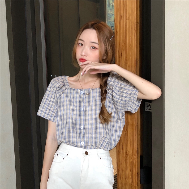 Áo Kiểu Cổ Vuông Tay Phồng Kẻ Sọc Thời Trang Mùa Hè Cho Nữ