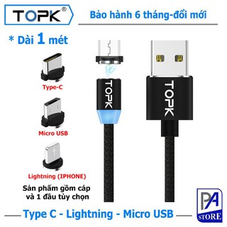 [HOÀN XU] Cáp Sạc Nam châm TOPK Siêu Phong Cách, Dài 1 mét, Đầu Thẳng (Iphone Lightning, Micro USB, USB Type C)