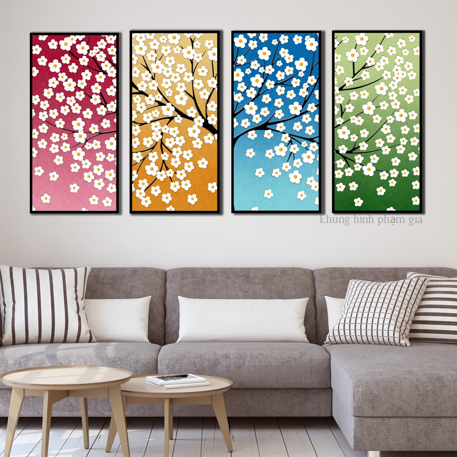 Bộ 4 tranh canvas 40x80cm bốn mùa khoe sắc tặng kèm đinh treo tranh chuyên dụng - Khung hình phạm gia PG131