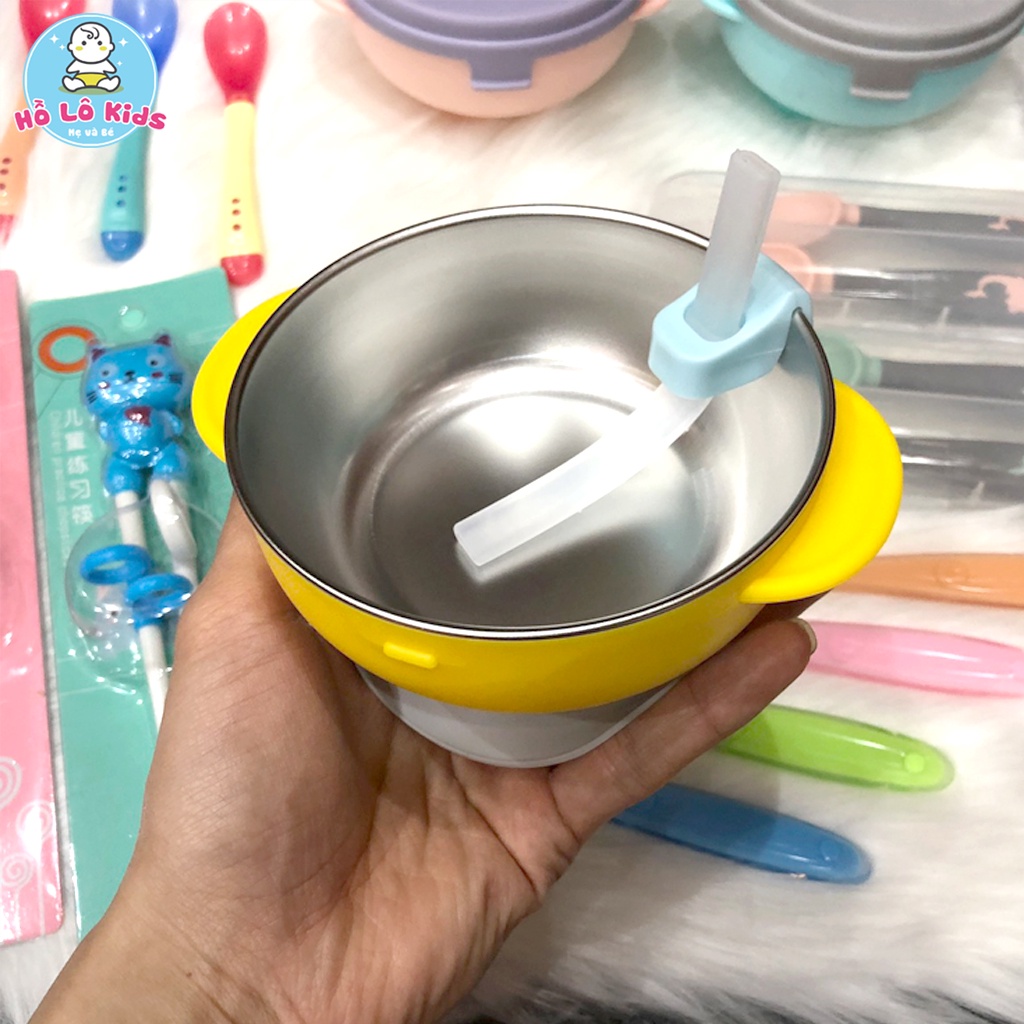Bát ăn dặm cho bé cách nhiệt inox 2 lớp có đế hút chân không chống đổ, chống lật có nắp Hồ Lô Kids