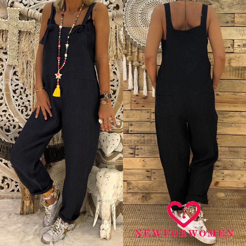 Quần yếm dài dáng rộng chất liệu cotton và linen thời trang cho nữ