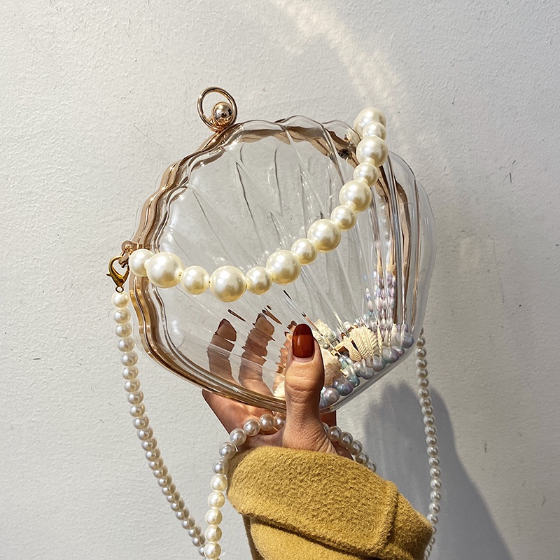 Túi seashell trong suốt, dây cườm hạt ngọc sang chảnh mới lạ