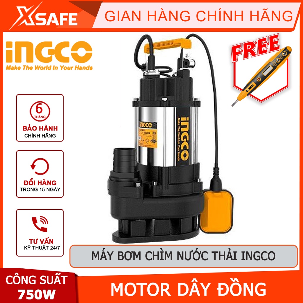 Máy bơm chìm nước thải INGCO SPDS7508 Máy bơm nước thải điện thế 220-240V~50Hz, công suất 750W(1.0HP) - Chính hãng