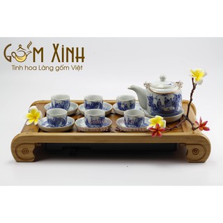 Bộ ấm chén Bát Tràng_Bộ bình trà dáng Vại men Lam Cổ vàng kim