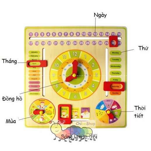 Đồng hồ gỗ mặt tròn có lịch cho bé