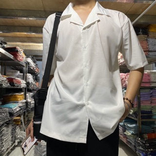 Áo Sơ Mi Lụa Cổ Vest Ngắn Tay Unisex ( ảnh thật)