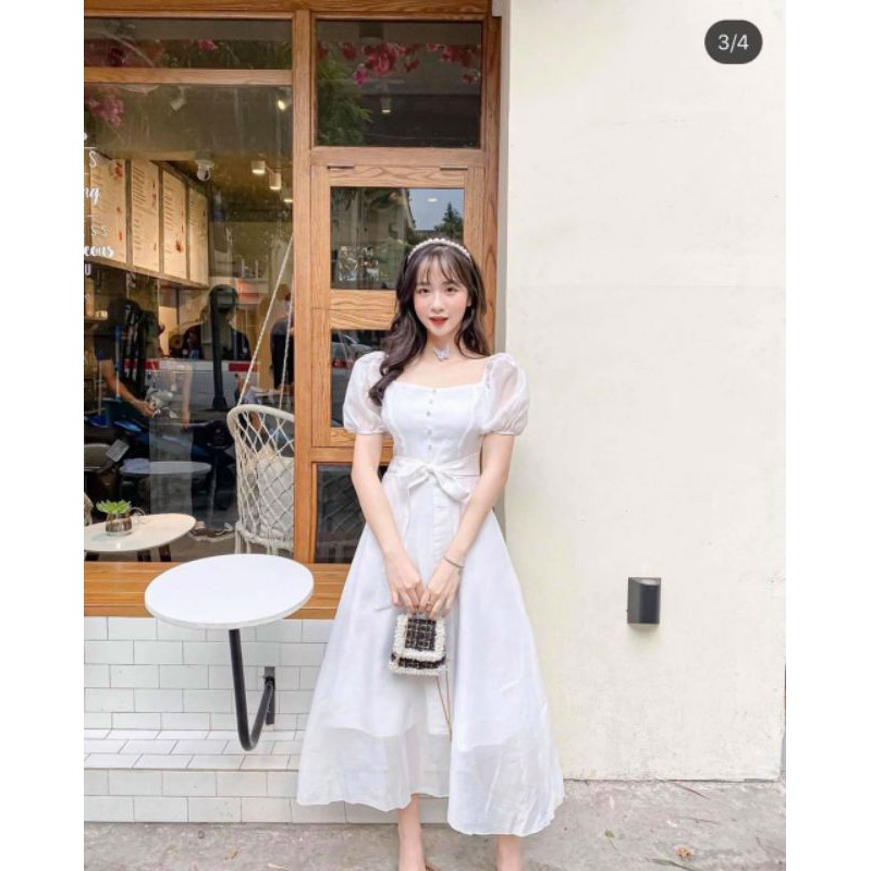 Đầm midi tơ xốp thắt nơ eo đính hột