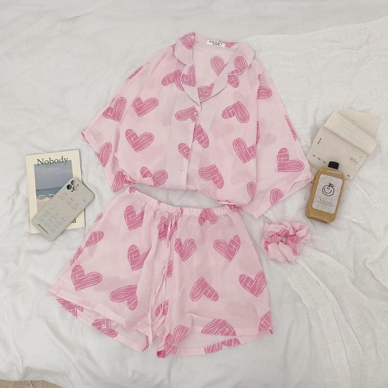 Set Bộ ngủ PIJAMA cộc tay - quần đùi TẶNG kèm dây buộc tóc dễ thương | BigBuy360 - bigbuy360.vn
