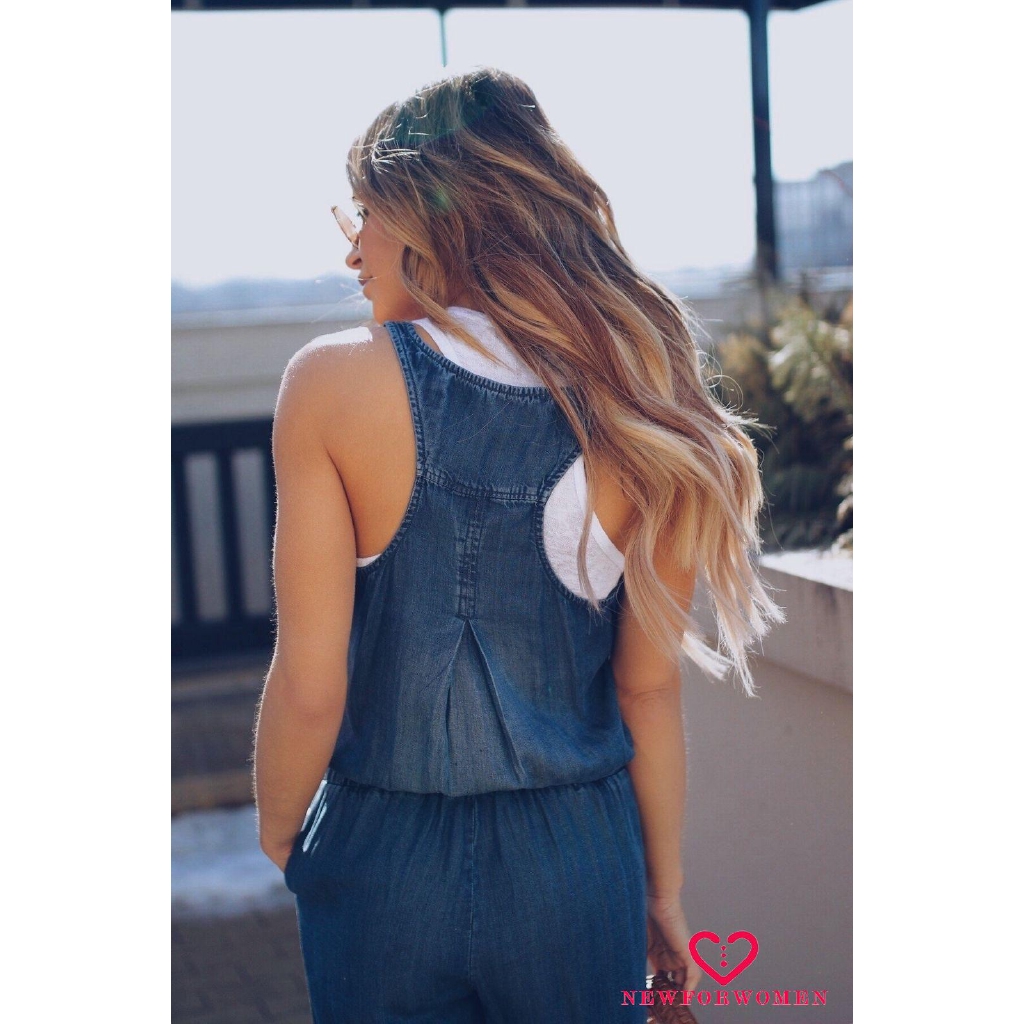 Jumpsuit Denim kiểu quần form dài cộc tay quyến rũ thời trang cho nữ