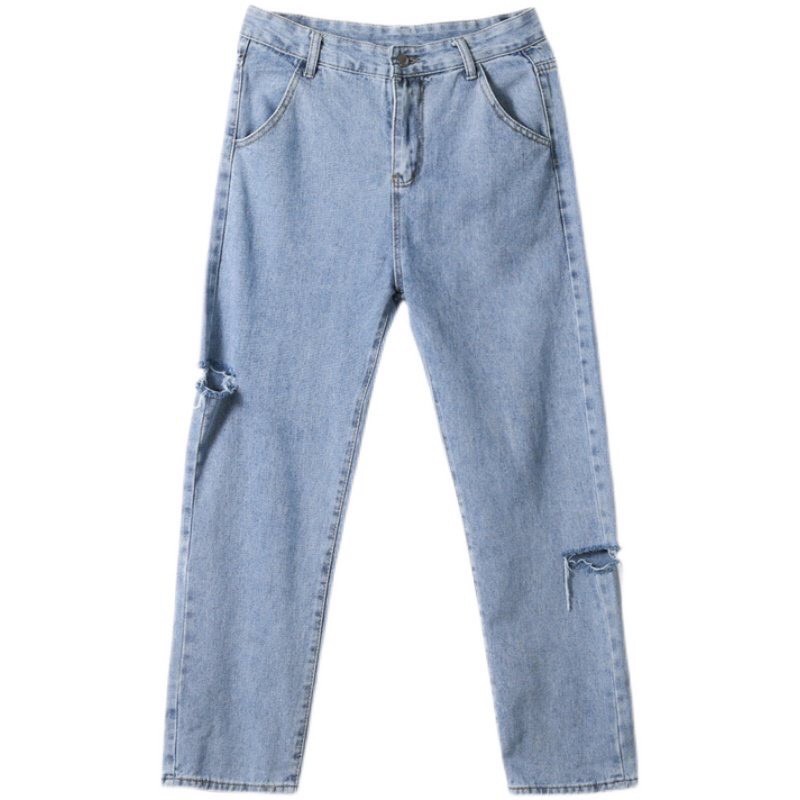 Quần jean Baggy ống xuông rộng nam, quần jean ống rộng 2 rách phong cách hàn quốc