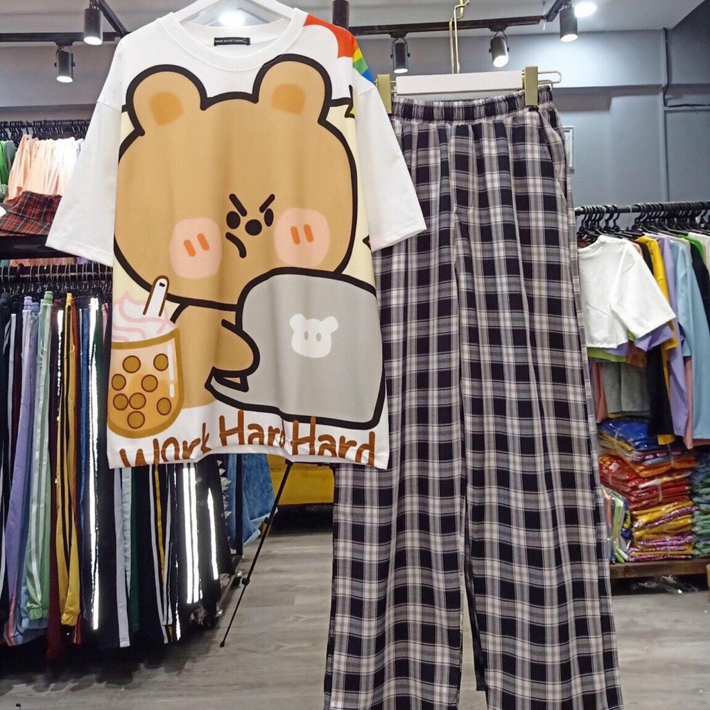 Set Đồ Bộ Nữ Quần Caro Kate Ống Rộng NHIỀU MẪU 04 * Đồ Bộ Hoạt Hình Freesize S.I.Z Fashion | BigBuy360 - bigbuy360.vn