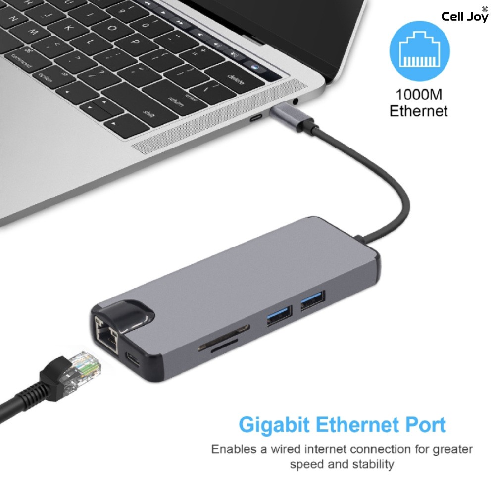 Hub chuyển đổi Type-C cho Macbook Air/Pro/iPad/Surface, điện thoại USB-C 8in1 adapter to VGA/ HDMI/ USB 3.0/ LAN/ SD/TF