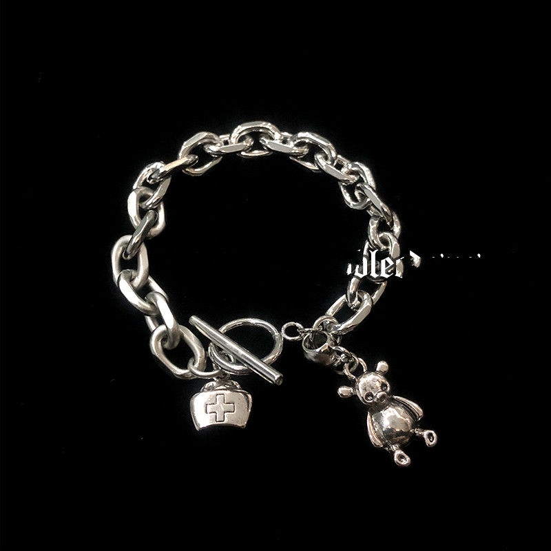 Vòng Tay Thép Titan Mặt Hình Gấu Phong Cách Retro