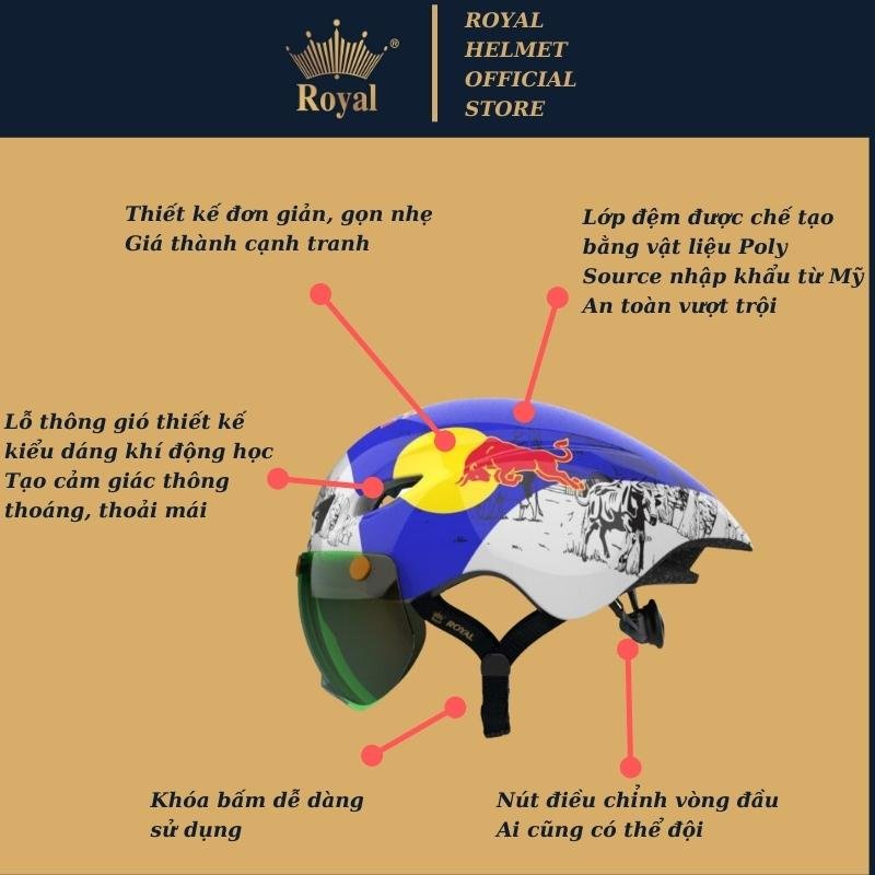 Nón bảo hiểm xe đạp Royal R16 đen bóng trơn logo có kính, giống poc 01, bảo hành 12 tháng