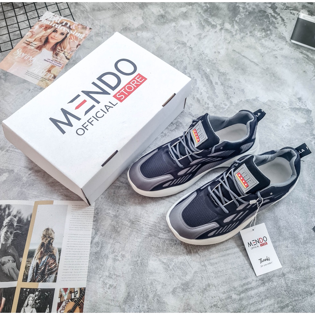 Giày Thể Thao Nam MENDO - Giày Sneaker Màu Xám - Đen Viền Xanh,Giày Thể Thao Đế Nhẹ, Vải Thoáng Khí - G5155