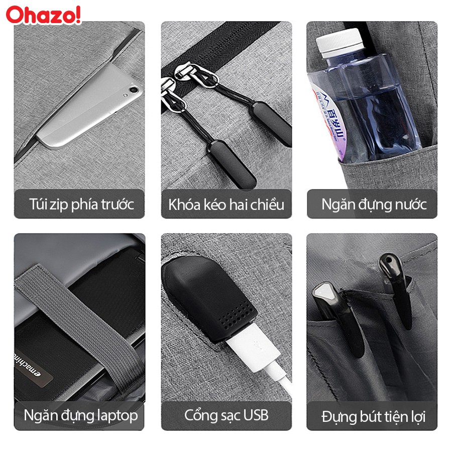 Balo laptop Ohazo! chống nước chống xước tích hợp cổng sạc USB tiện lợi phong cách thời trang đơn giản tinh tế - BL147