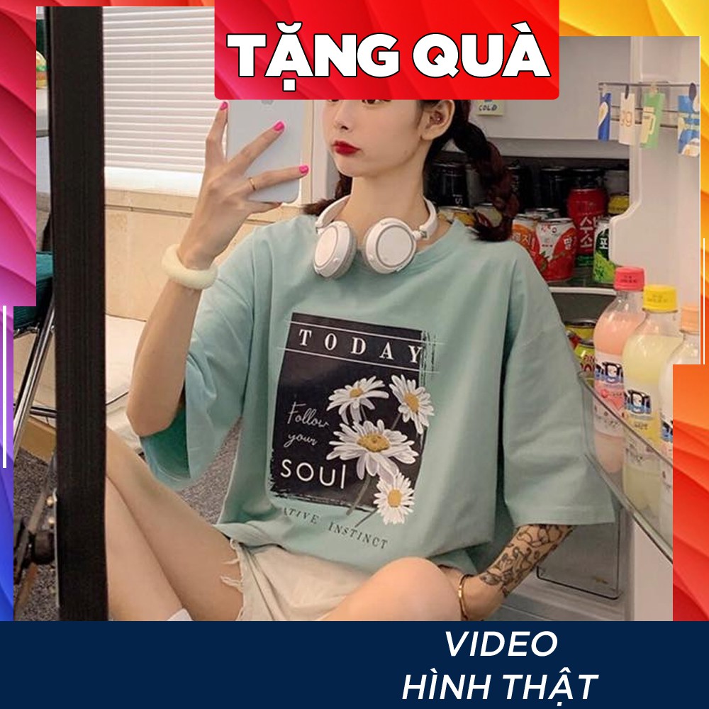 Áo thun tay lỡ freesize nữ phông form rộng Unisex mặc cặp, nhóm, lớp, in hình hoa cúc chữ TODAY SOUL màu xanh ngọc | BigBuy360 - bigbuy360.vn