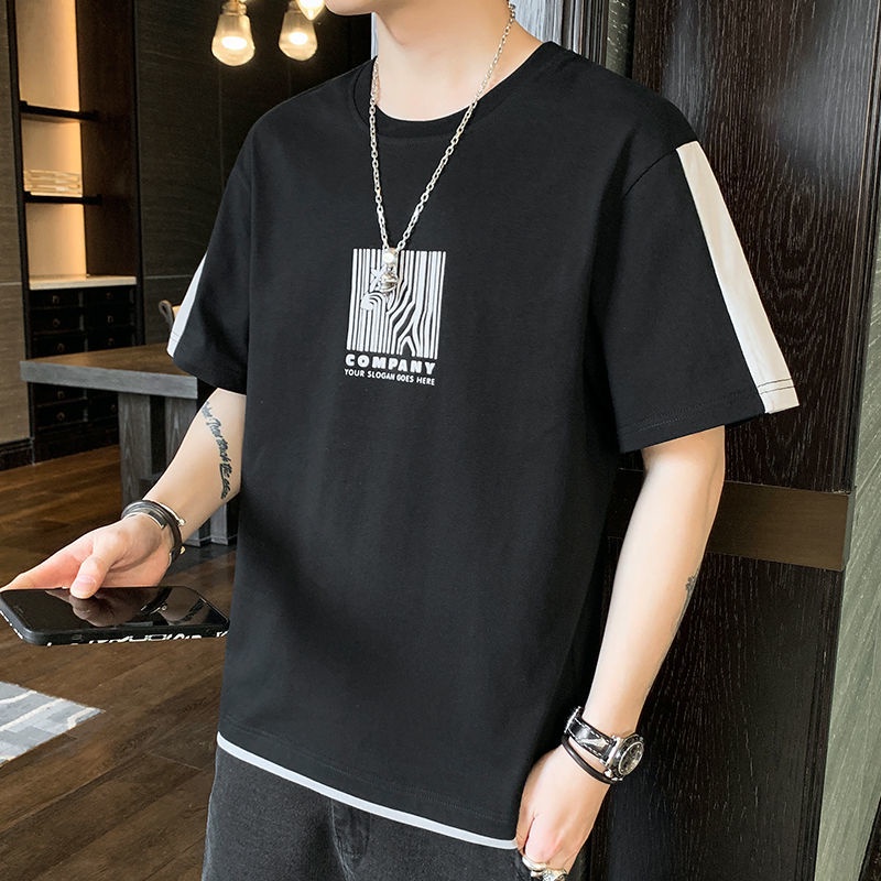 Áo thun nam ngắn tay xu hướng quần mùa mới hàn quốc cotton cổ tròn nửa