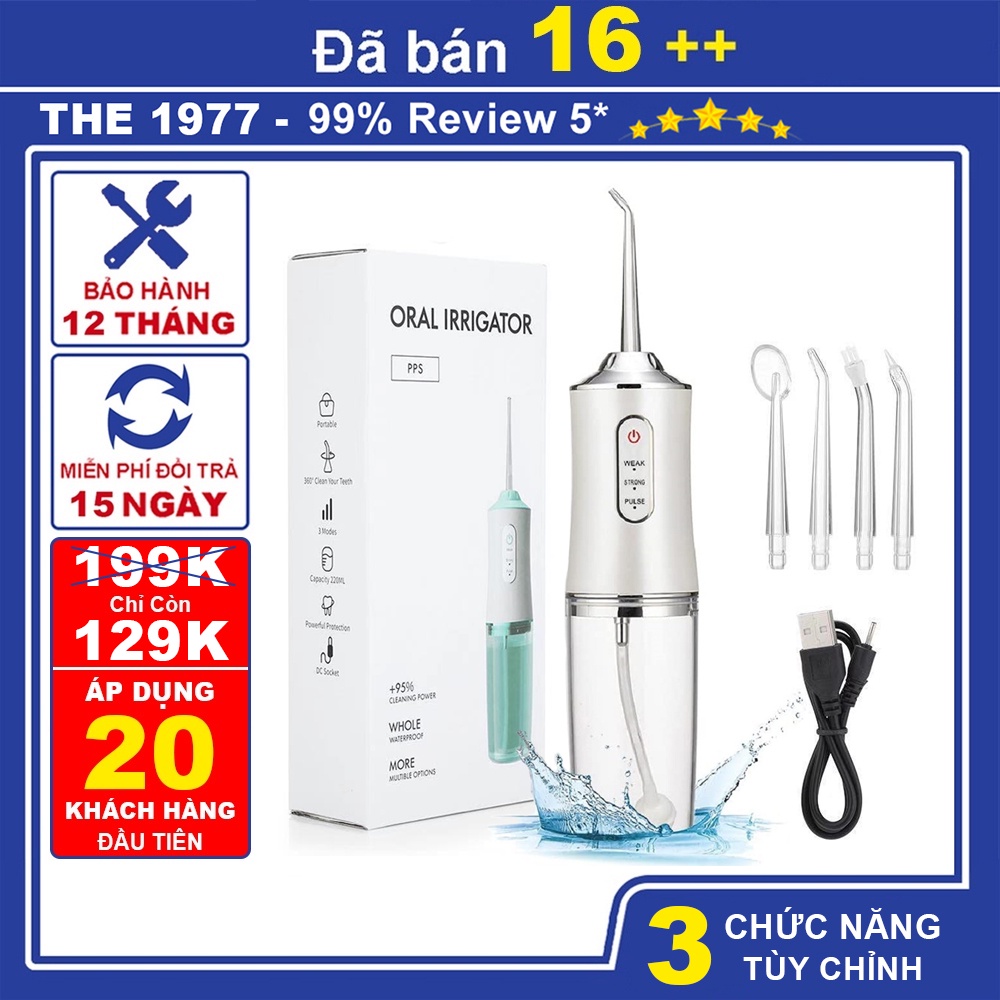 Máy tăm nước cầm tay cao cấp 3 chế độ tùy chỉnh vệ sinh răng miệng làm sạch kẽ hiệu quả chống thấm nước tặng kèm 4 đầu