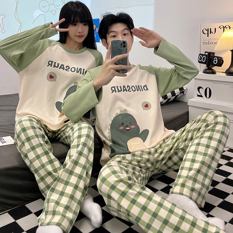 Bộ Đồ Ngủ Cotton Tay Dài Dáng Rộng In Họa Tiết Hoạt Hình Dễ Thương Thoải Mái Cho Nam Và Nữ