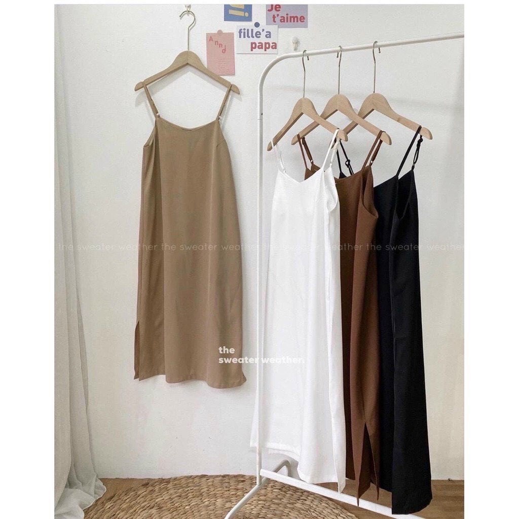 Váy Đũi Hai Dây Suông Dài Sexy  Đầm Nữ 2 Dây Form Rộng Trơn Basic