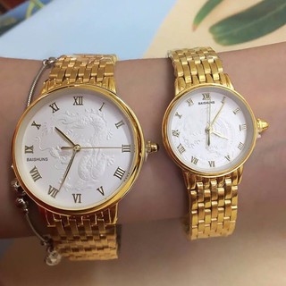 Đồng hồ nam nữ Baishuns mặt trắng họa tiết rồng phượng dây xích kim loại không gỉ