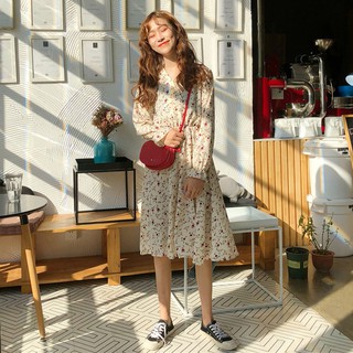 váy ulzzang váy nữ đẹp đầm vintage dài tay váy hoa nhí kiểu dáng hàn quốc