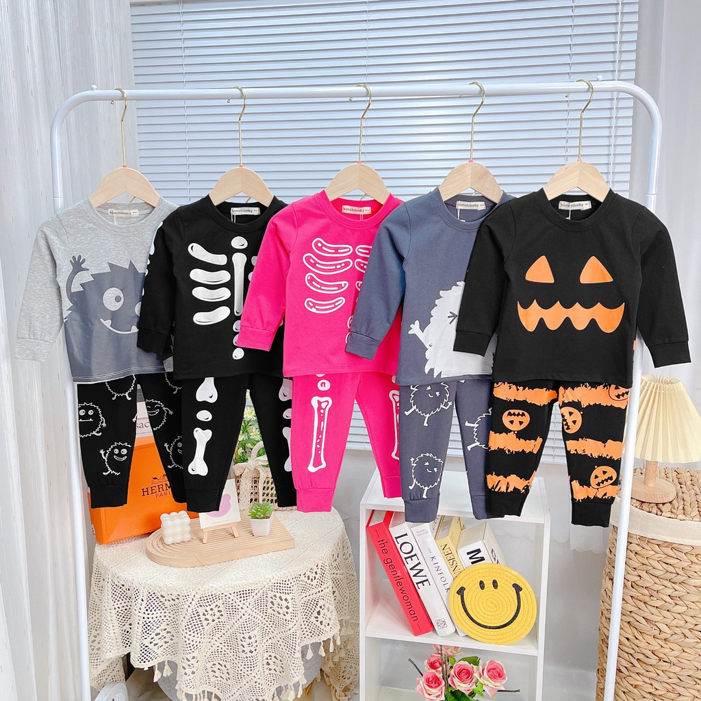 Bộ Quần Áo Bé Gái, Bé Trai KIMCHIBABY Vải Cotton 4C Dư Xịn Hoạ Tiết Halloween, Bộ Dài Tay Cho Bé Mặc Nhà MKMTD2240