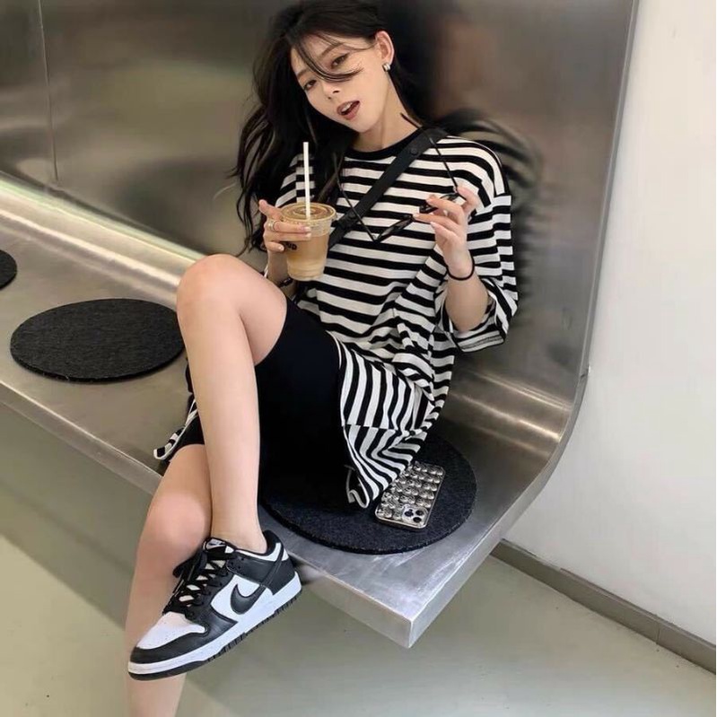 Set áo thun oversize/thun sọc trắng đen kèm quần biker chất dày mịn mát