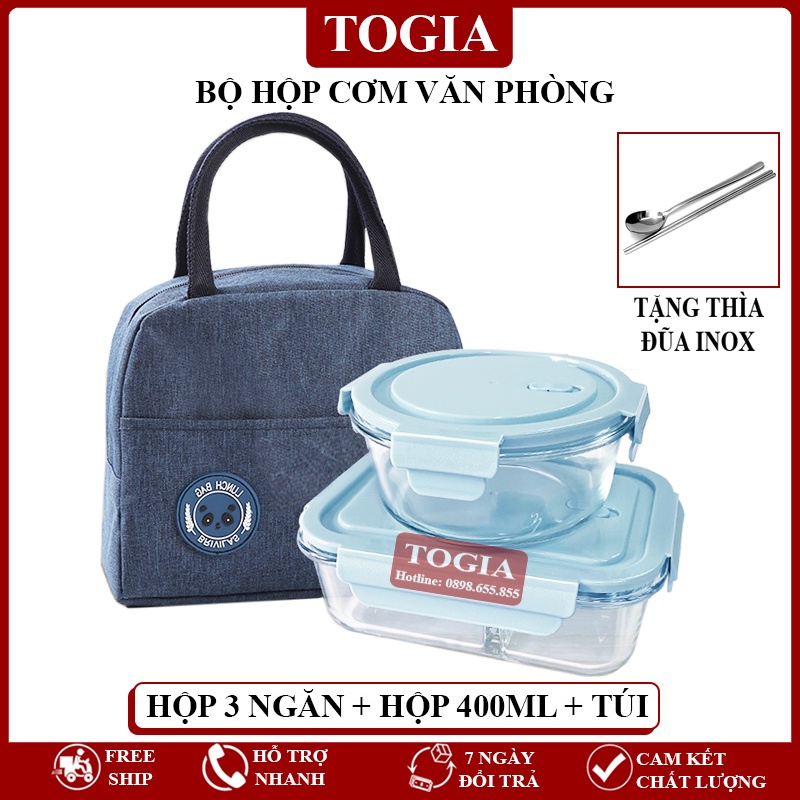 Bộ Hộp Cơm Văn Phòng 3 Ngăn- Hộp Đựng Cơm Thủy Tinh Chịu Nhiệt Cơm Canh Quay Được Trong Lò Vi Sóng