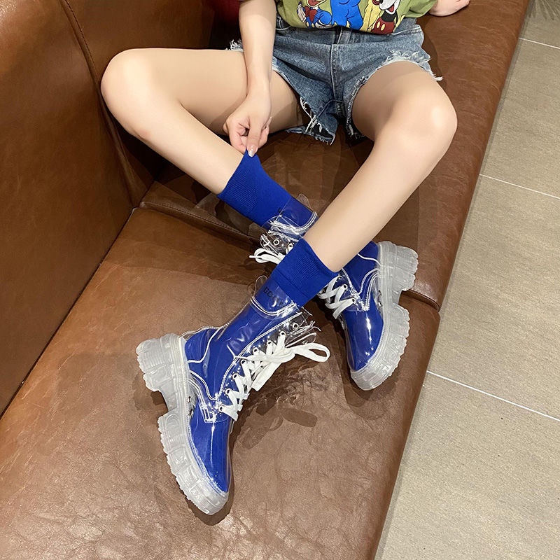 Martin trong suốt Boots Thu và Đông 2022 Mới Thu và Đông Wild Net Red đế dày chiên Boots ngắn đường phố
