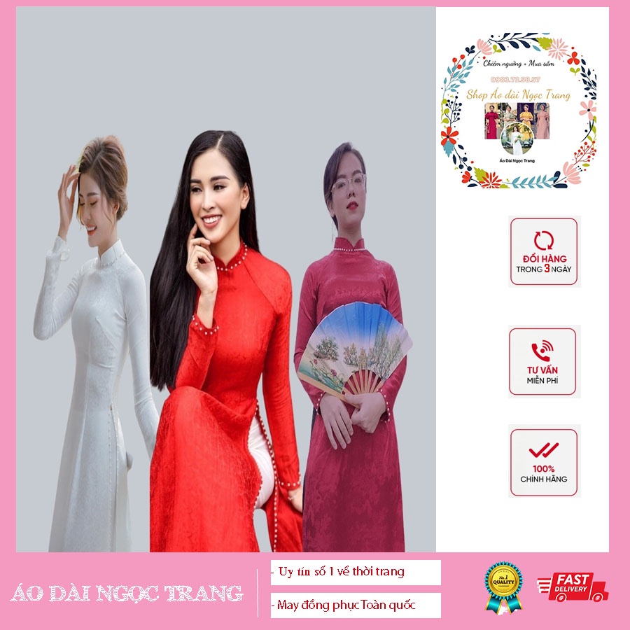 Bộ áo dài gấm_Áo dài Ngọc Trang,May sẵn áo dài cô dâu, áo dài cưới màu trắng/đỏ/hồng vân hoa đẹp.