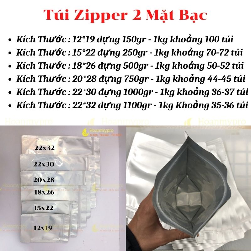 Túi Zip 2 Mặt Bạc Đáy Đứng Đựng Thực Phẩm 1Kg Túi Zipper Bạc Loại 1 Dày Đẹp BaoBiHoanmypro